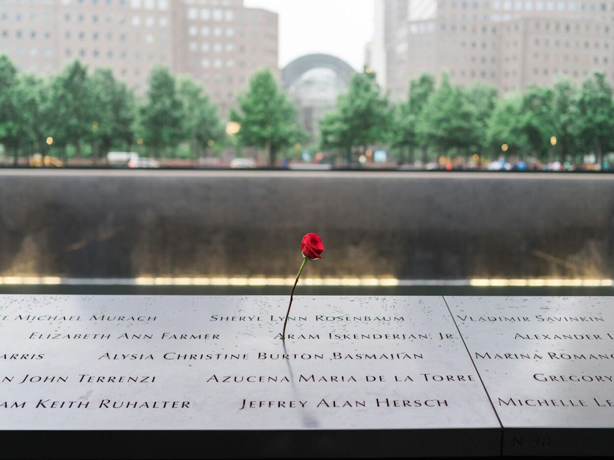 Close-up of a memorial with engraved names and a single red rose, symbolizing collective grieving and the shared remembrance of those lost.