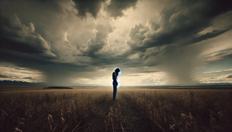 a poignant landscape view of a person standing alone in a vast field, capturing the overwhelming emotions of grief. This image powerfully illustrates the sense of isolation and the struggle to find breath amidst emotional turmoil.