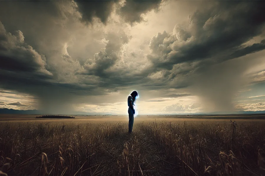 a poignant landscape view of a person standing alone in a vast field, capturing the overwhelming emotions of grief. This image powerfully illustrates the sense of isolation and the struggle to find breath amidst emotional turmoil.