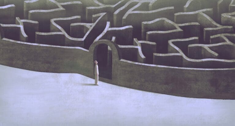 A figure stands at the entrance of a complex maze, symbolizing the daunting and intricate journey through the psychological impacts of losing a loved one to suicide.